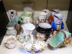 A collection of ceramics including Coalbrookdale style basket, Sarreguemines character jug,