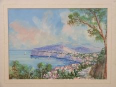 Gouache on paper of an Italian coastal scene,