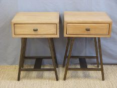 A pair of Loaf oak and metal retro style bedside tables with single drawers (H61 x W42 x D35cm)