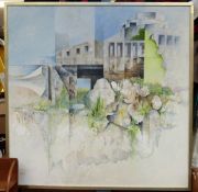 Paul Jones FRSA (b1940) acrylic and oil on board abstract study entitled verso 'Alderney Channel