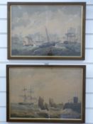 A pair of coloured etchings of naval vessels near harbour,