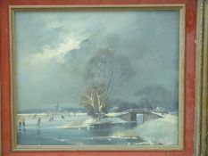 Dutch oil on board, ice skating scene,