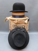 A straw boater hat with blue ribbon band 'Best English Make' size 6 7/8 together with two vintage