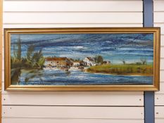 Barnfather modern oil on board of an estuary and boating scene,