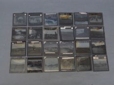 A collection of magic lantern slides in black and white depicting scenes during WWI to include