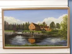 M L Tribe acrylic on board waterside scene with houses by weir,