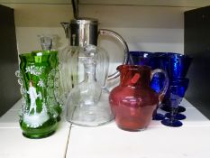 Bristol blue glass goblets, Mary Gregory style vases, cranberry glass jug,