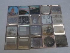 A quantity of magic lantern slides to include Queen Victoria, steam boat in a jungle,