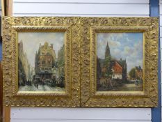 A pair of continental oil on board street scenes, indistinctly signed possibly Knome,