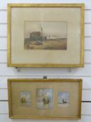 An anonymous 19thC watercolour of a wooden hulk with figural bowsprit and fishing boats on a
