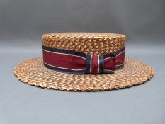 A straw boater hat with blue and burgundy Petersham band 'The Ridgmont' made in England,