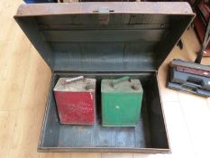 Two vintage two gallon petrol cars and tin trunk