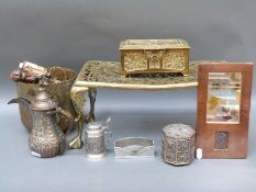 Glasgow copper mirror, Eastern metalware including a dallah, pierced brass footman/ trivet, etc.