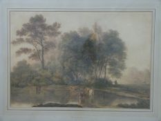 Attributed to John Glover OWCS (1767-1849) watercolour of cattle watering with woodland and figure