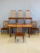 A retro G Plan table and six upholstered chairs