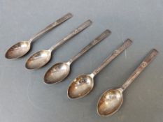 Five hallmarked silver teaspoons, Sheffield 1953 maker Walker & Hall,