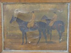 A framed Victorian print of two racehorses,