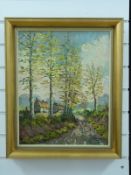 Oil on canvas continental landscape with cottages and trees,