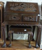 An Eastern carved bureau and stool (H104 x W84 x D50cm)