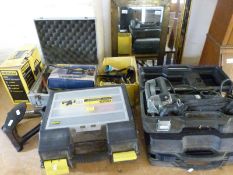 A quantity of tools to include Black & Decker sander, biscuit jointer, sander, cordless jigsaw,