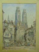 L Brinault watercolour of a busy street scene with a cathedral in the background,
