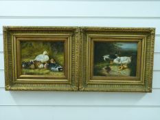 A pair of oil on board ducks and chicks, one sitting in a barn the other by a pond,