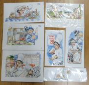 Seven Terry Thomas watercolour illustrations, food/cooking related,