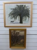 Oil on canvas of sheep under trees,