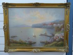 V Sfarzino (Italian 1915) oil on canvas Italian coastal scene with homes on cliffs and boats in the