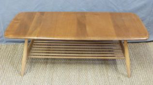 A retro Ercol light elm coffee table with undershelf (H36 x L103 x W46cm)
