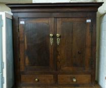 A Georgian oak wall cupboard with drawers below (H83 x W90 x D26cm)