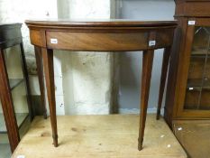A 19thC mahogany demi-lune fold over card table with green baize surface (H74 x W94 x D46cm)