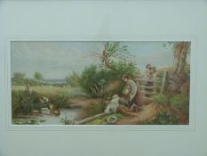 After Myles Birket Foster print children playing by a stream,