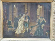 An 18th/19thC oil on copper of an 18thC drawing room scene with a couple holding hands talking with