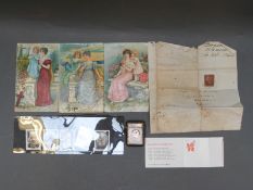 A hallmarked silver vesta case, Victorian penny red stamp on cover, postcards etc.