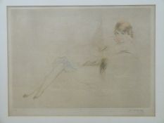 Art Deco dry point etching of a reclining lady, signed indistinctly H.Le Bidy and No.