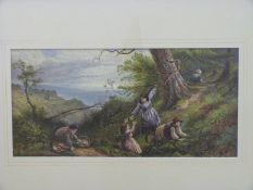In the manner of Myles Birket Foster print children playing with sea beyond,