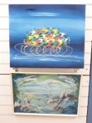 Modern acrylic on canvas cyclists, indistinctly signed possible R.