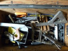 Two workmates and a large quantity of woodworking tools including Stanley 13-050 plane, clamps,