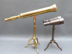 A brass 19thC style telescope on stand and similar binoculars