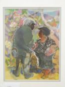 Constance Stubbs (1927-2015) mixed media lady and gentleman meeting signed lower right,