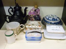Booths Old Willow lidded hot water food warmer and underplate, three continental sardine dishes,