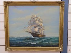 Oil on canvas sailing ship, signed lower right possibly Ambrose,