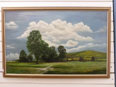 M L Tribe acrylic on board of rural landscape,
