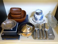 A quantity of metalware including Bodum teapot, cased cutlery, ceramics,