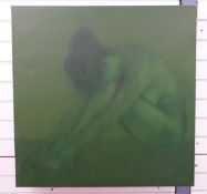 Hoang Duc Dung Vietnamese acrylic on canvas, green silhouette of a seated nude female,