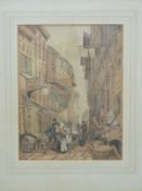 A 19thC watercolour street scene with medieval buildings and tradesmen selling fish and other goods,
