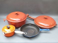 A large Le Creuset casserole, Le Creuset frying pan and lid,