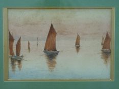 Late 19th/early 20thC watercolour of sailing boats on a calm sea, 19.