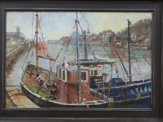 Charles Brooker fishing boats at a quay, possibly Lowestoft,